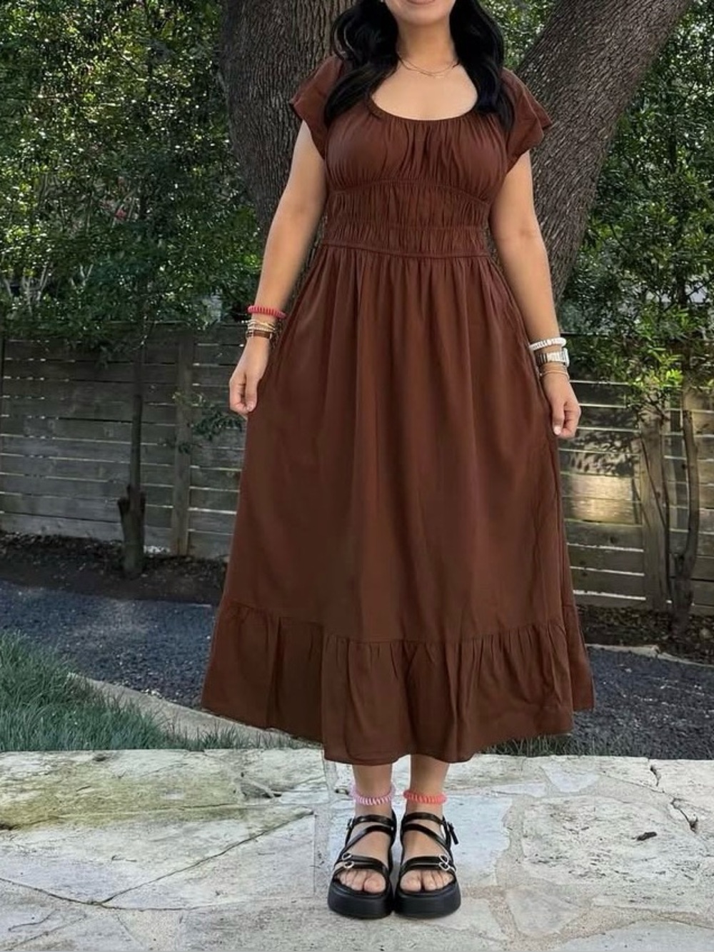 Shiny By Nature Poem Linen Blend Peasant Dress Size Large Smocked Waist Brown - Picture 4 of 9
